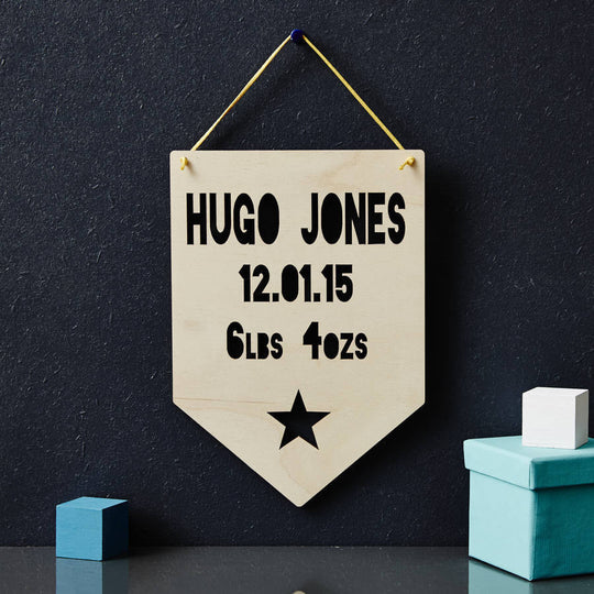 Personalised Baby Keepsake Star Hanging Wooden Flag