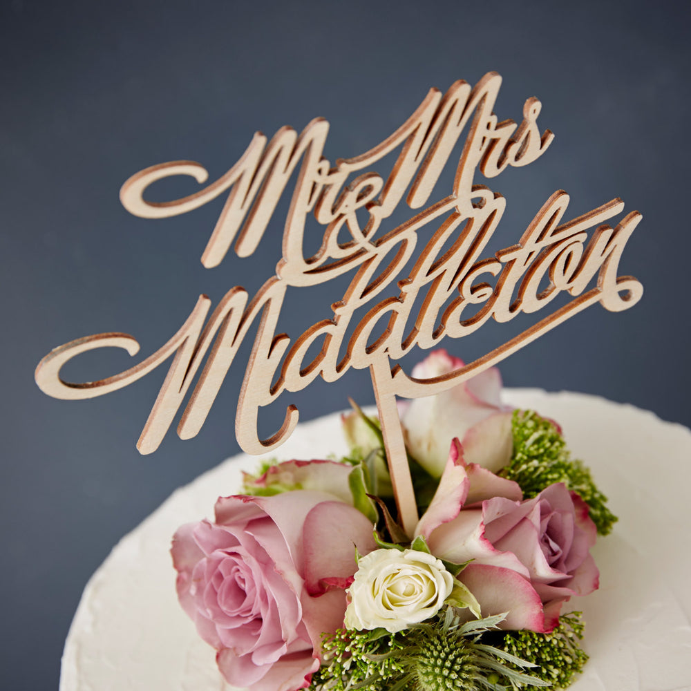 Personalised Mr And Mrs Elegant Wooden Cake Topper