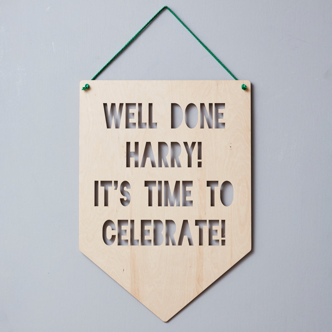 Personalised Congratulations Hanging Wooden Flag