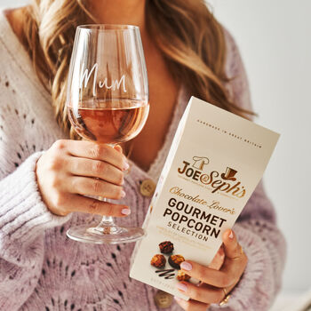 Personalised Chocolate Box Popcorn And Wine Glass Gift