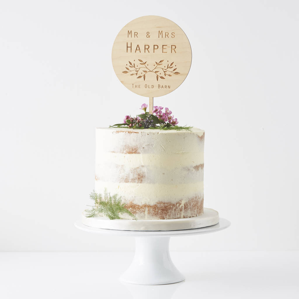 Engraved Botanical Personalised Wedding Cake Topper