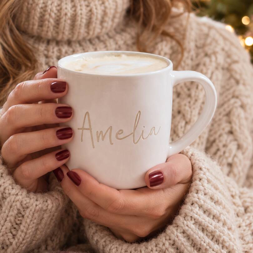 Personalised white stoneware mug engraved with the name Amelia, held in cosy hands by a woman wearing a cream knitted jumper.