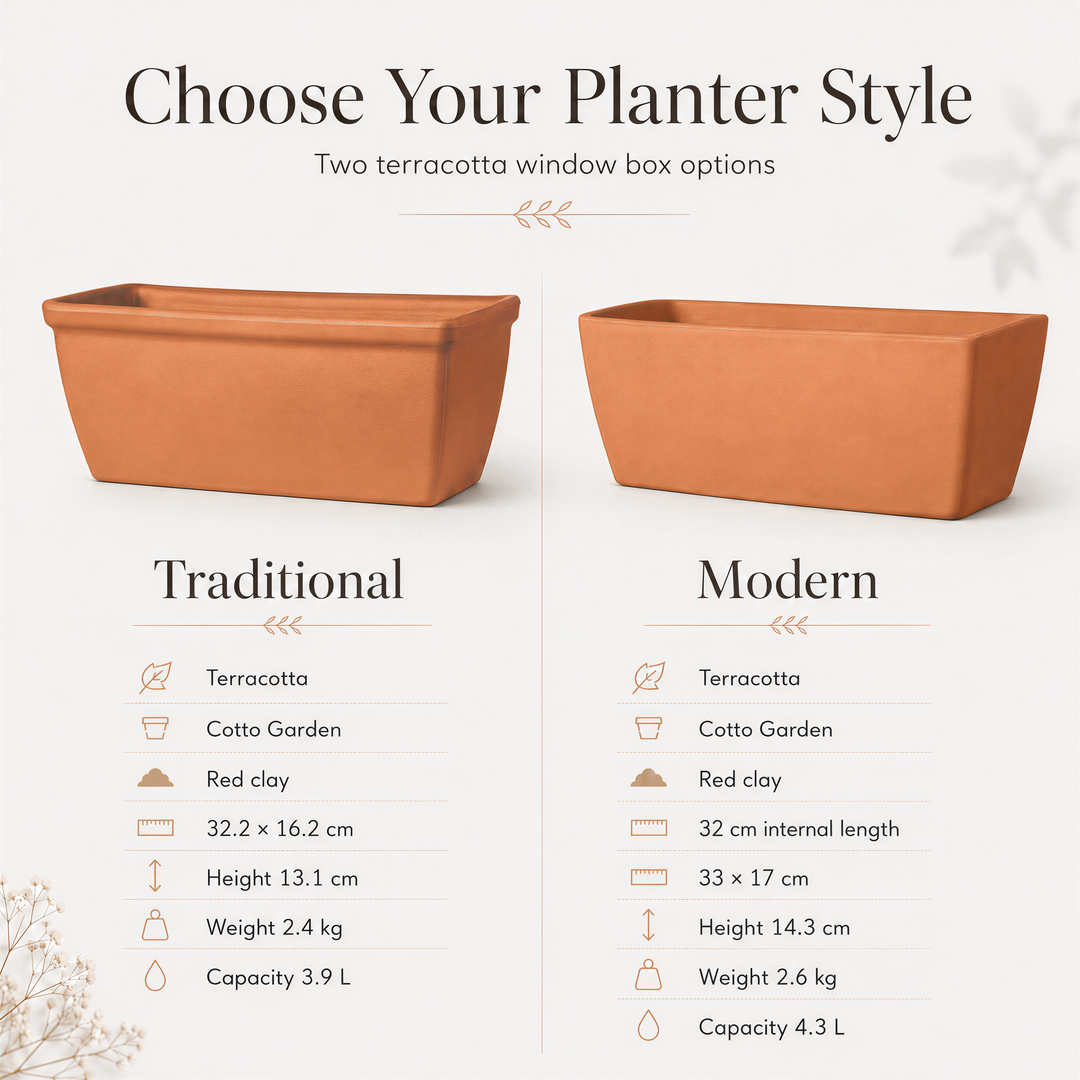 two terracotta window boxes, one traditional and one modern, with a comparison of their styles and features.