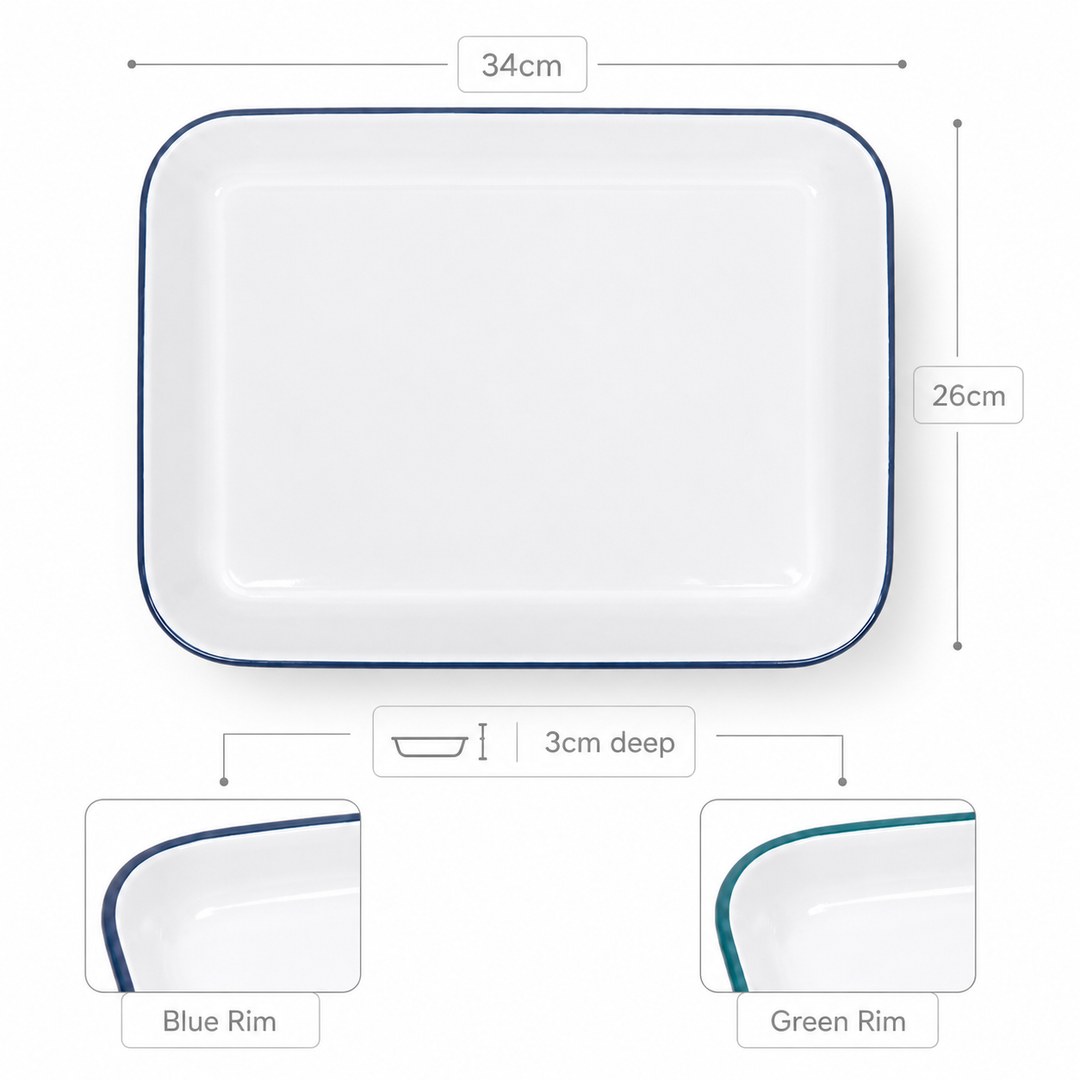 Rectangular dish with blue rim and dimensions labeled