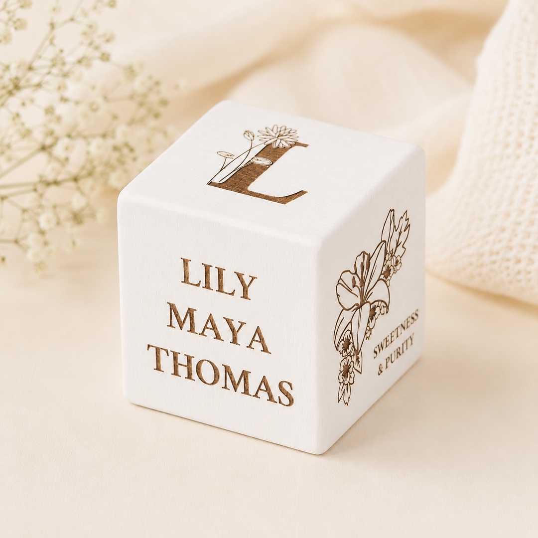 Personalised Birth Flower New Baby Keepsake Block