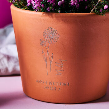Personalised terracotta plant pot with birth flower design