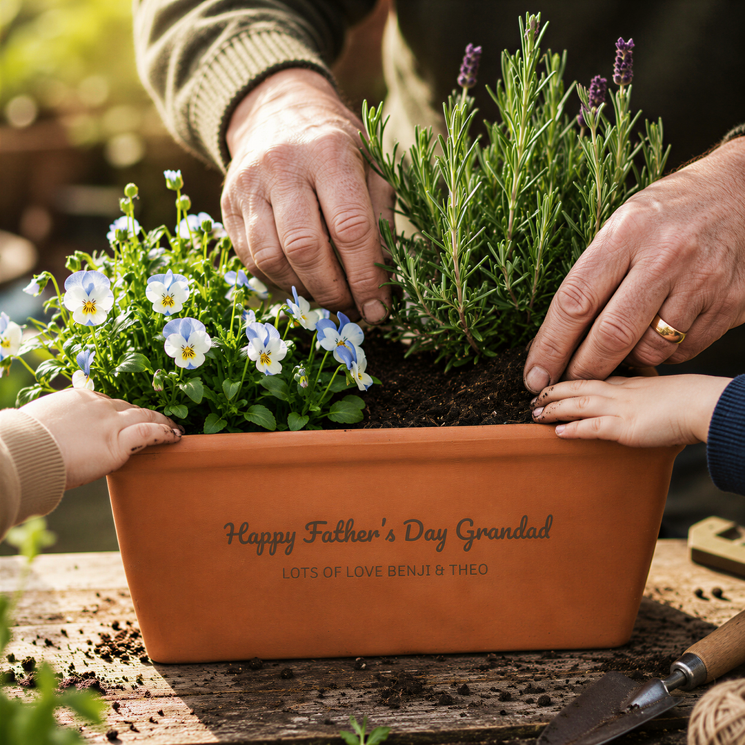 A person is planting flowers in a brown planter with a personalized message, while another person holds the planter.