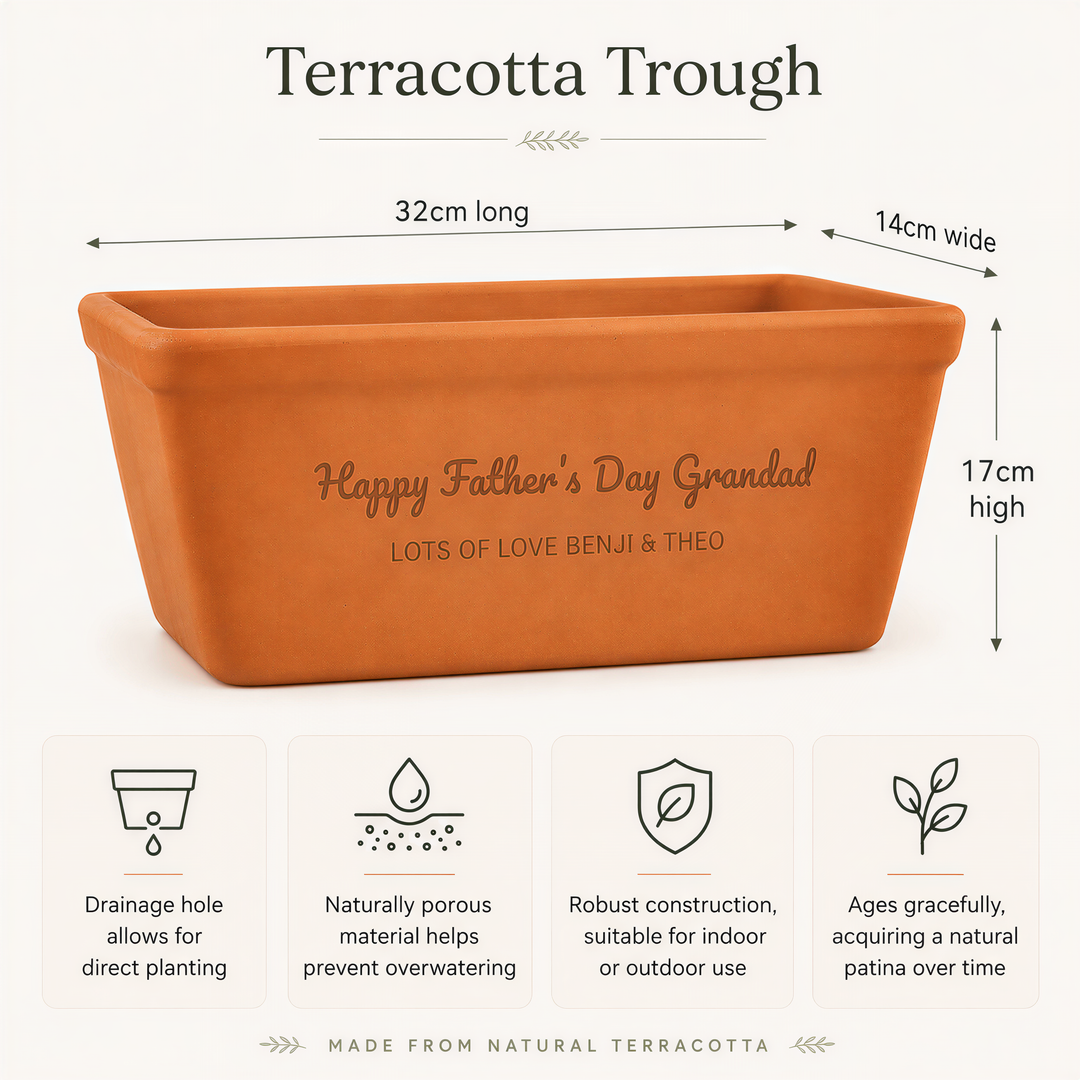 terracotta trough is shown with measurements