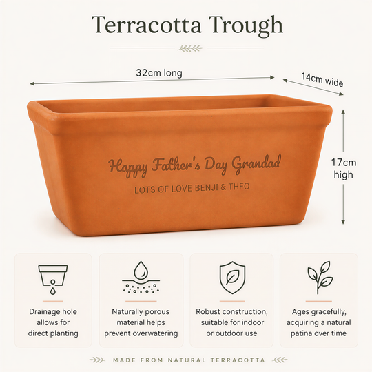 terracotta trough is shown with measurements
