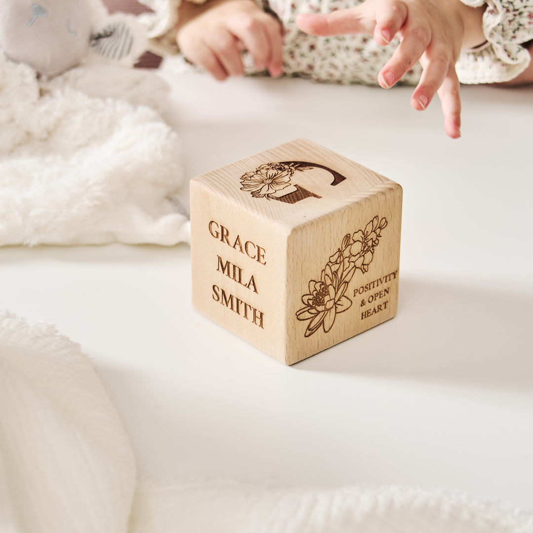 Personalised Birth Flower New Baby Keepsake Block