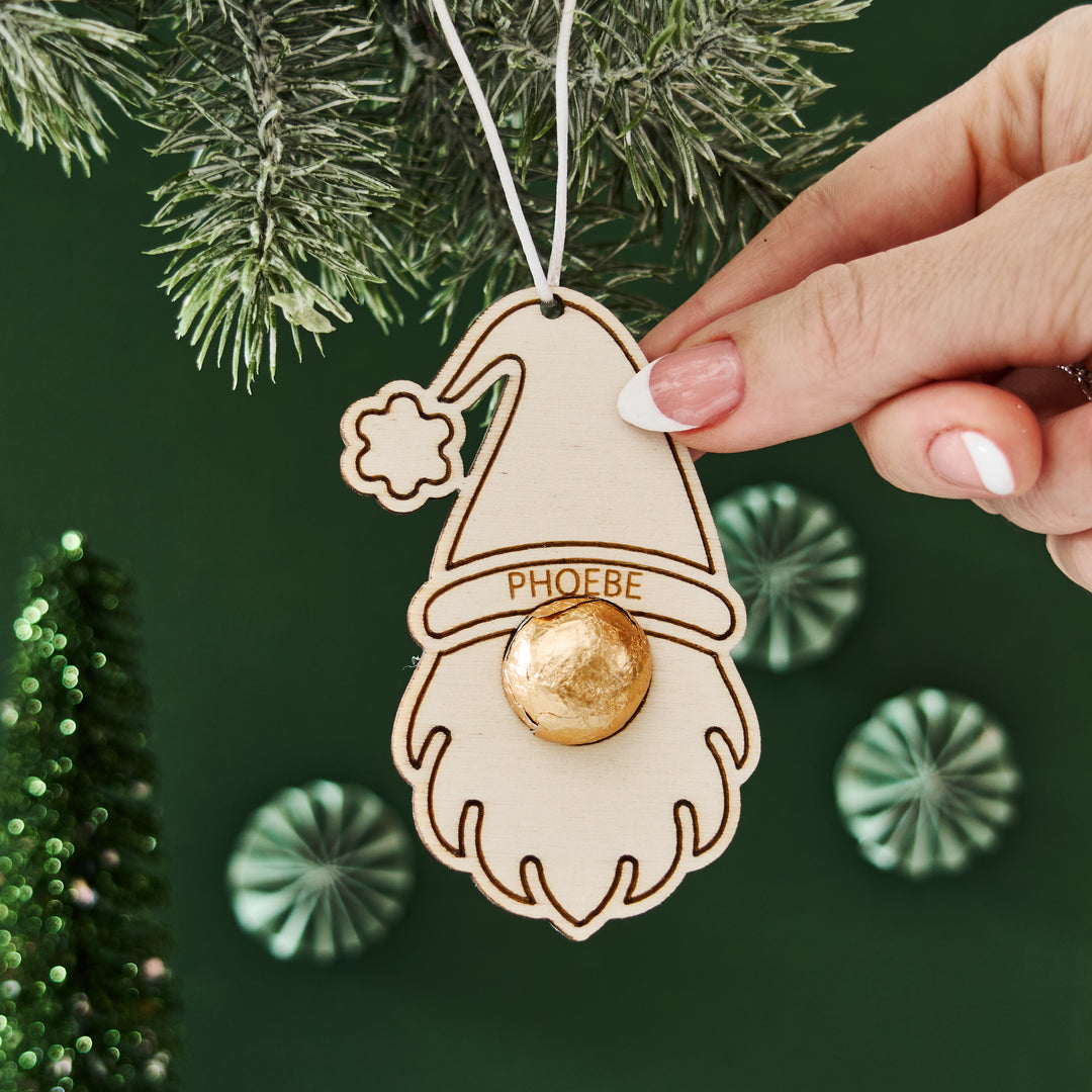 Personalised Christmas Gonk Decoration And Bag Of Chocolate Noses