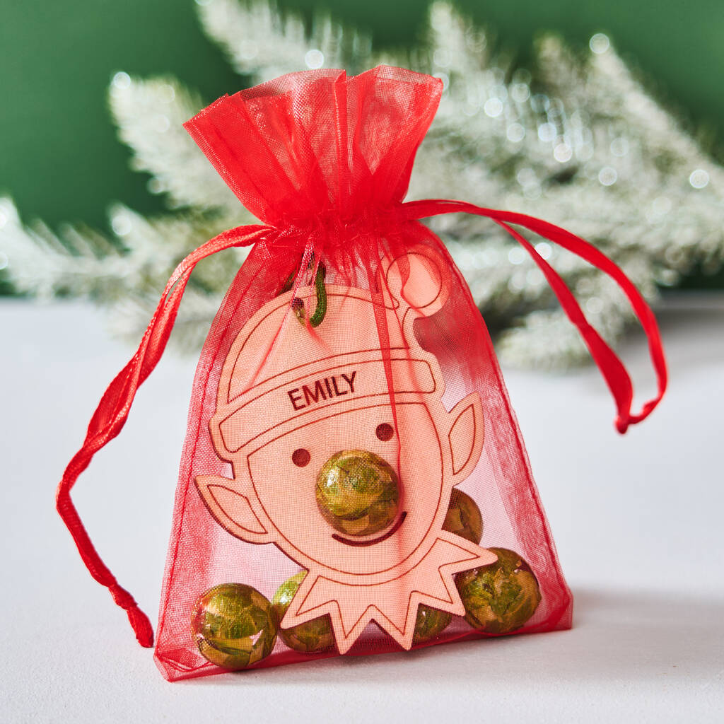 Christmas Elf Decoration And Bag Of Chocolate Noses