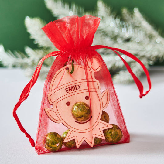Christmas Elf Decoration And Bag Of Chocolate Noses
