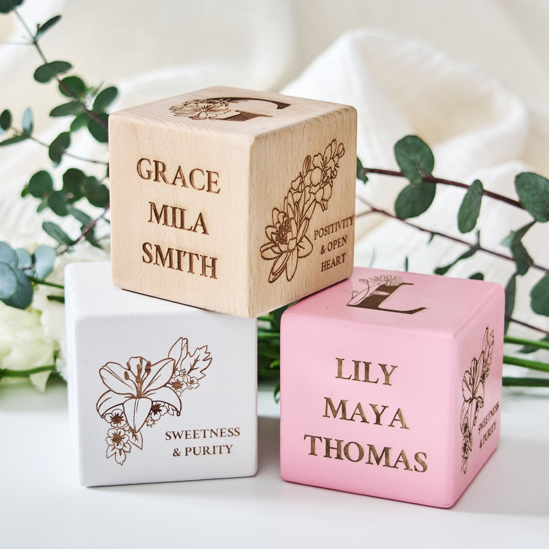 Personalised Birth Flower New Baby Keepsake Block