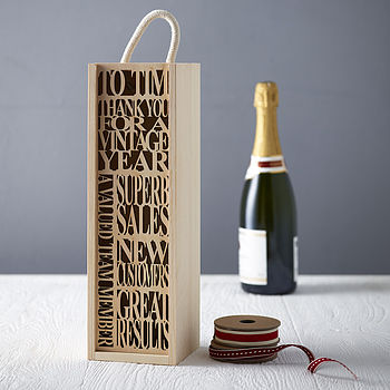 Personalised wooden bottle box showing product details and custom engraving