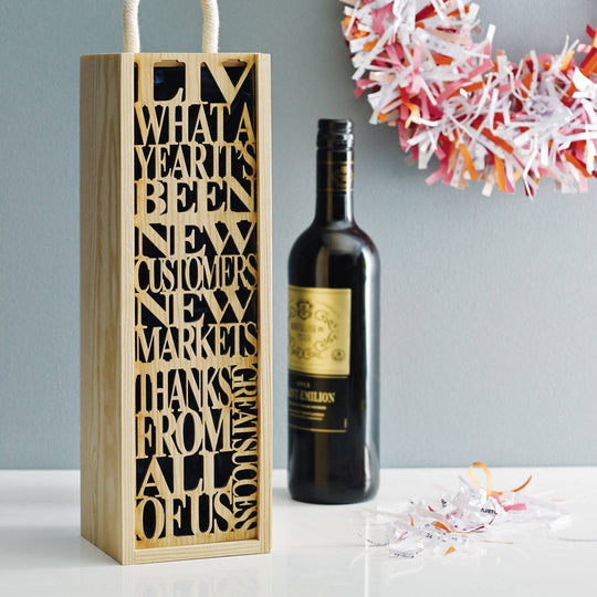 Personalised wooden bottle box with custom laser engraved message