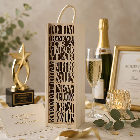 Personalised wooden bottle box product details and engraving example