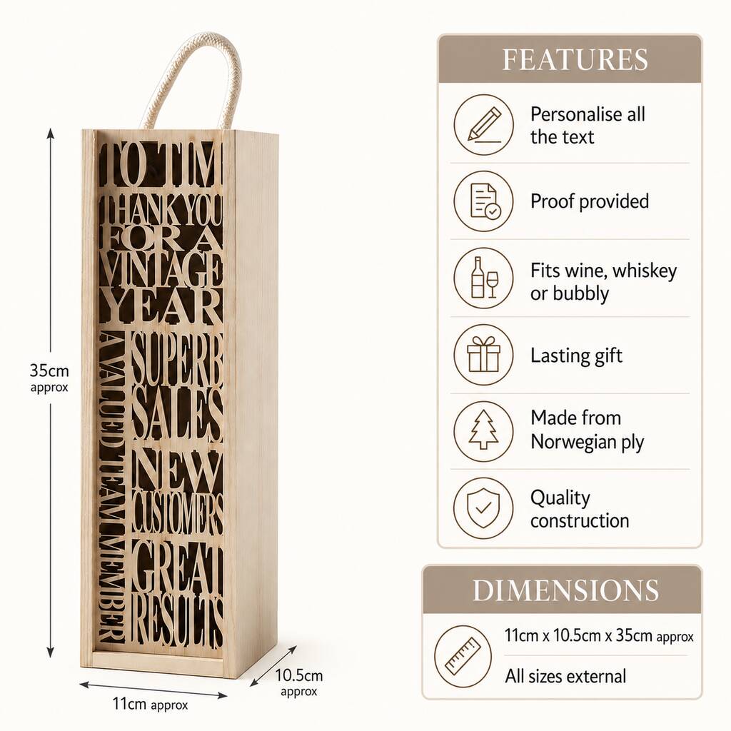 Personalised engraved wooden bottle box gift presentation