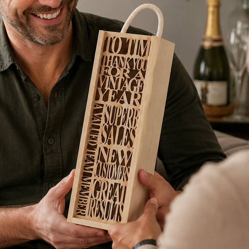 Personalised wooden bottle box with custom laser engraved design