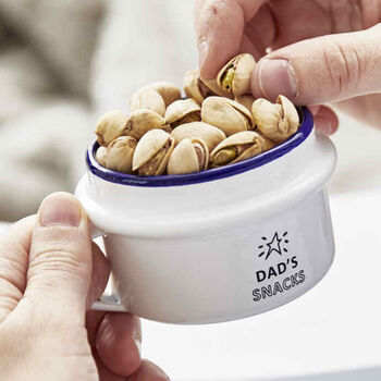 Personalised enamel snack pot for treats and popcorn