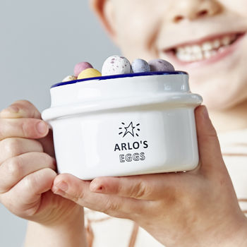 Personalised enamel snack pot reusable engraved gift