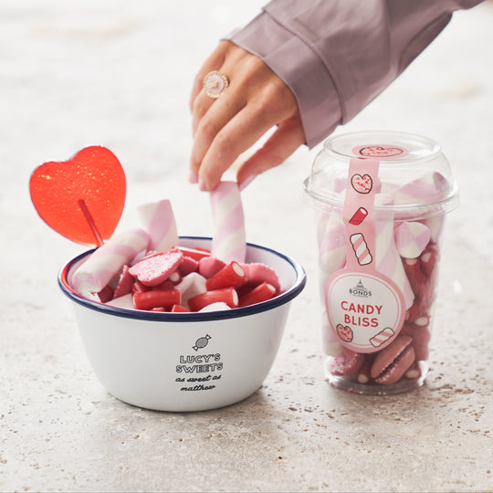 Personalised Sweet Bowl With Sweet Tub And Heart Lolly