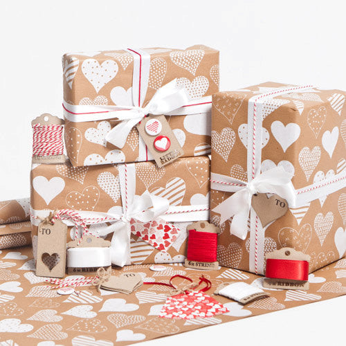 White Love Hearts Brown Gift Wrap