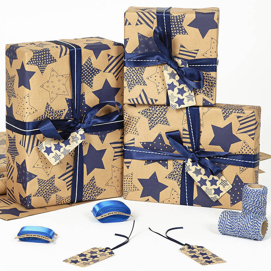 Recycled Blue Star Brown Wrapping Paper