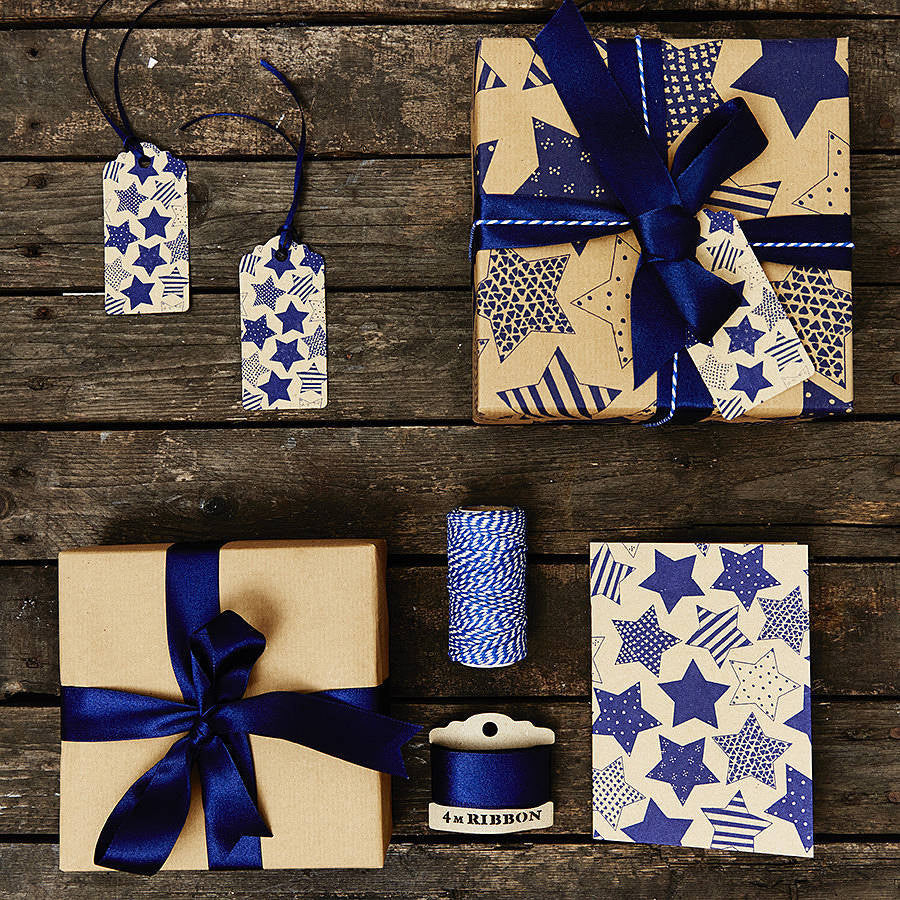 Recycled Blue Star Brown Wrapping Paper