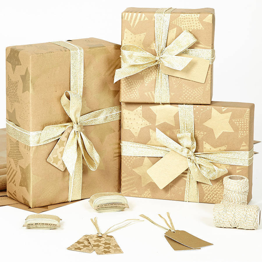 Gold Stars Brown Wrapping Paper