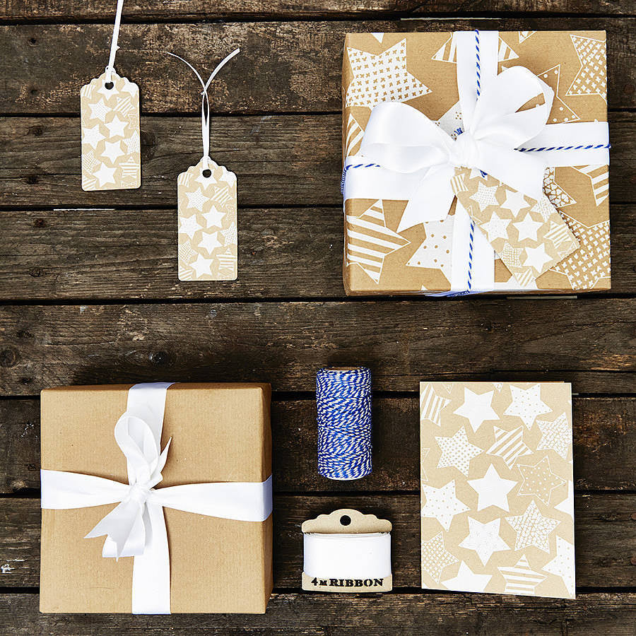 Recycled White Star Brown Wrapping Paper
