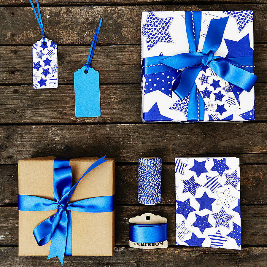 Recycled Blue Star White Wrapping Paper