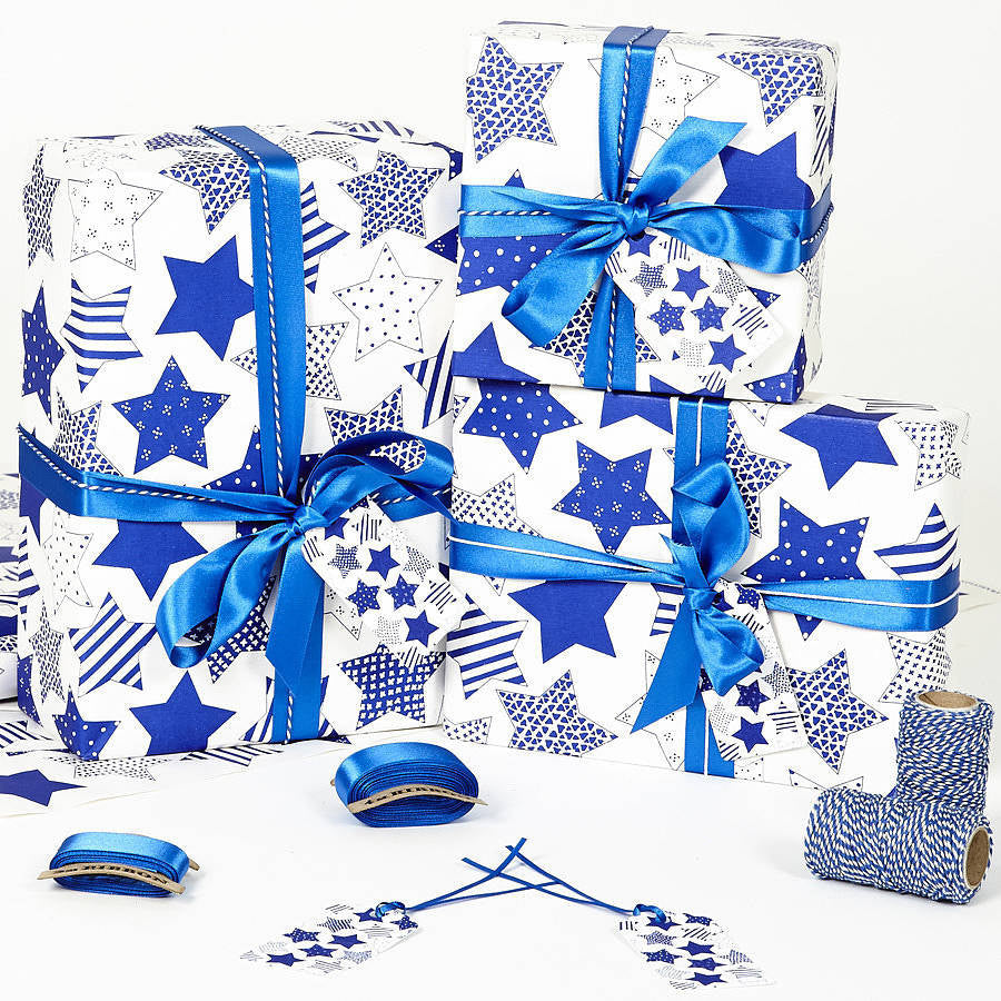 Recycled Blue Star White Wrapping Paper
