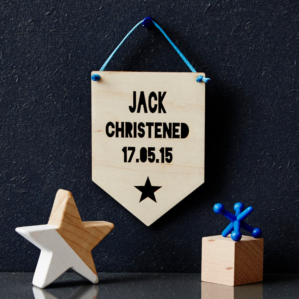 Personalised Christening Star Hanging Wooden Flag