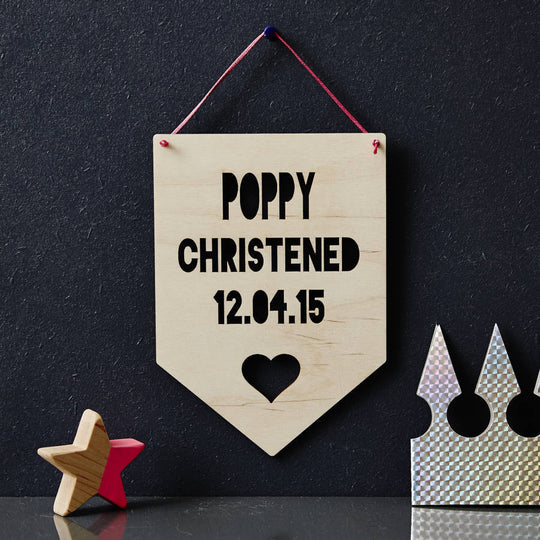 Personalised Christening Heart Hanging Wooden Flag