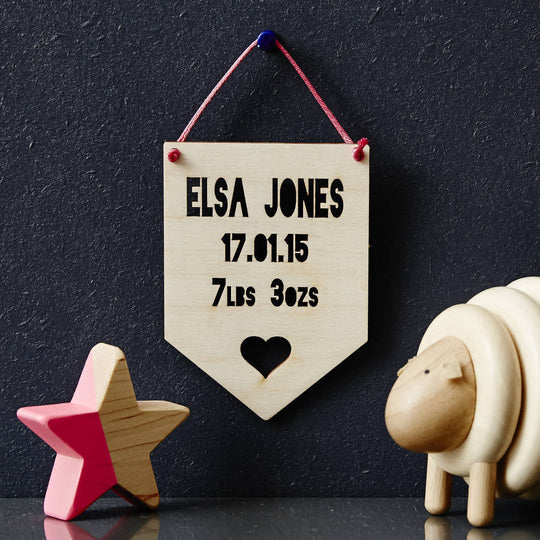 Personalised Baby Keepsake Heart Hanging Wooden Flag