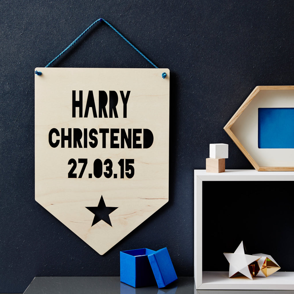 Personalised Christening Star Hanging Wooden Flag