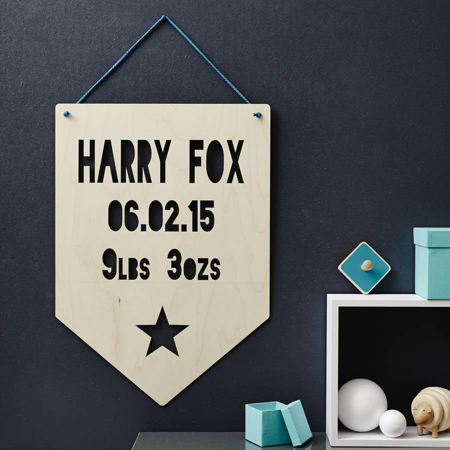 Personalised Baby Keepsake Star Hanging Wooden Flag