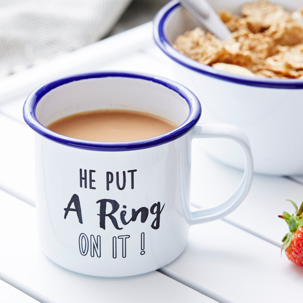 Personalised 'He Put A Ring On It' Enamel Mug