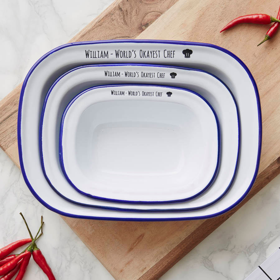 Personalised 'World's Okayest Chef' Enamel Pie Dish