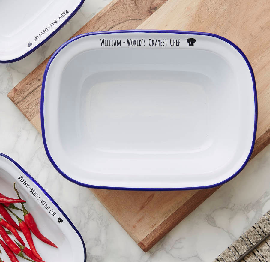 Personalised 'World's Okayest Chef' Enamel Pie Dish