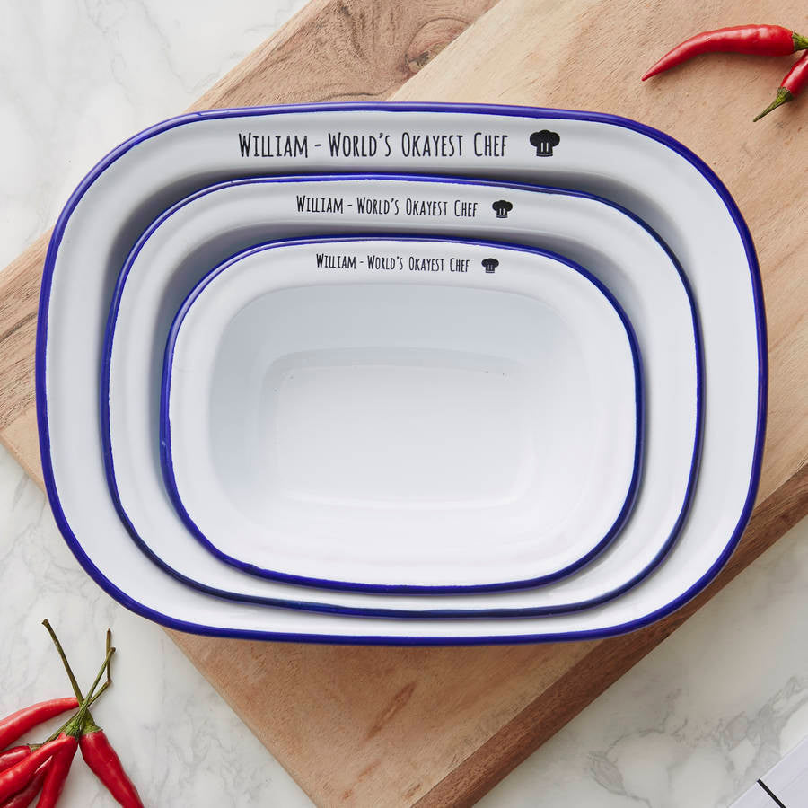 Personalised 'World's Okayest Chef' Enamel Pie Dish Set