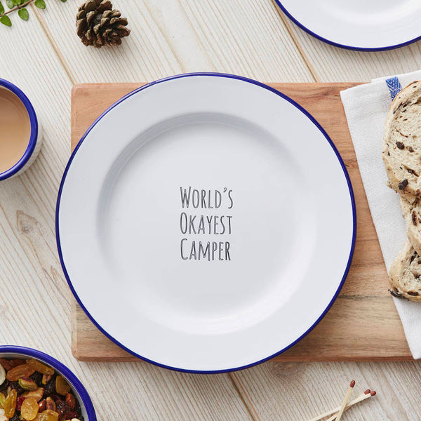 Personalised 'World's Okayest Camper' Enamel Plate
