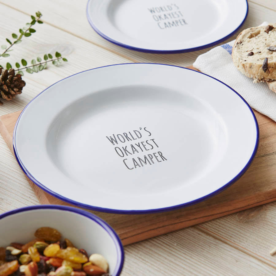 Personalised 'World's Okayest Camper' Enamel Plate