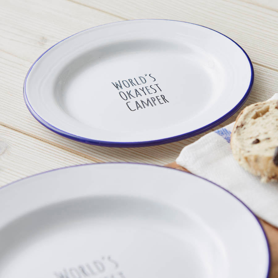 Personalised 'World's Okayest Camper' Enamel Plate