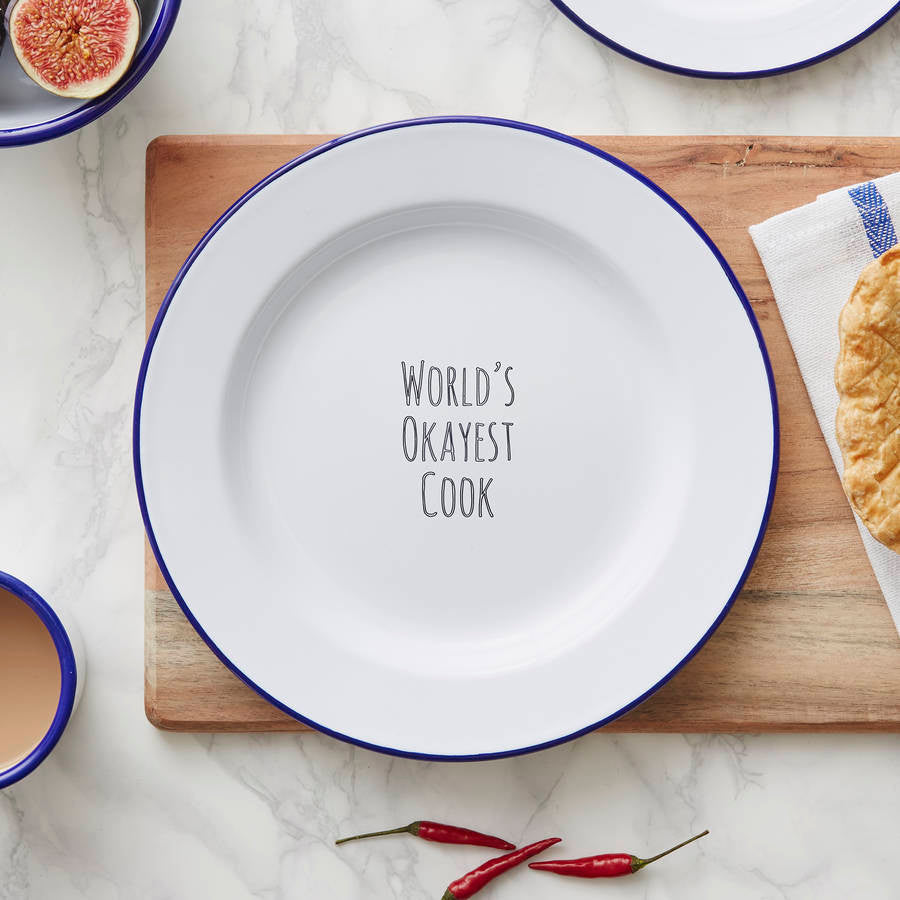 Personalised 'World's Okayest Cook' Enamel Plate