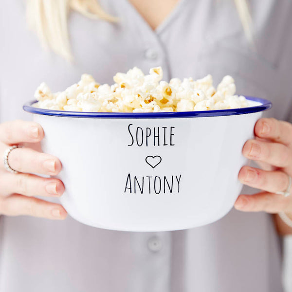 Couples Enamel Personalised Popcorn Bowl