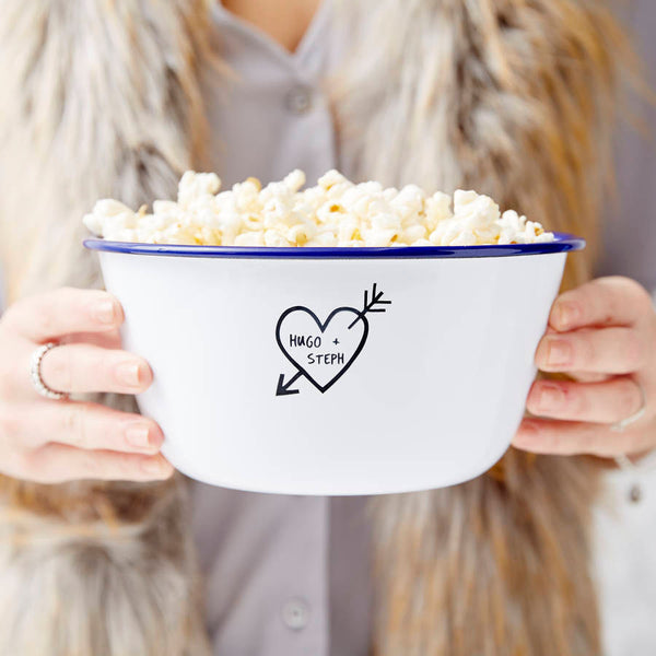 Carved Heart Enamel Personalised Popcorn Bowl