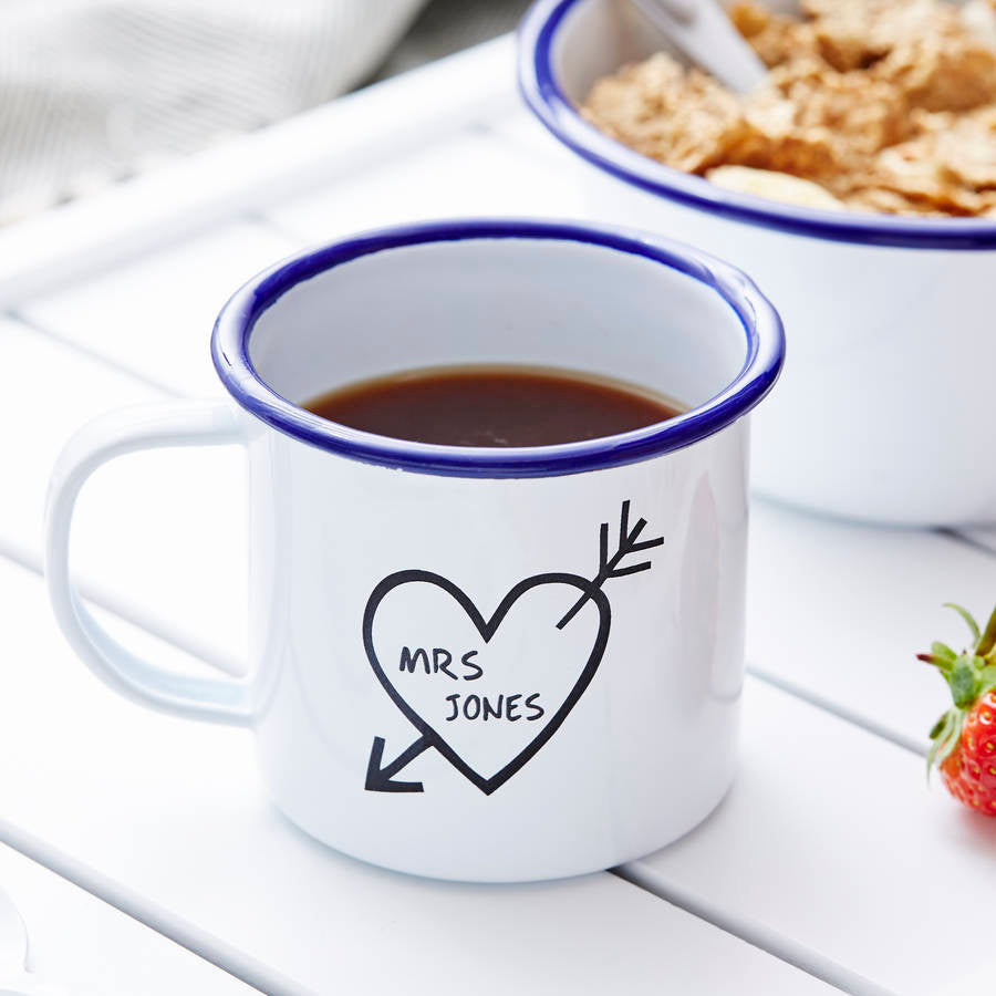 Carved Heart Enamel Personalised Mug