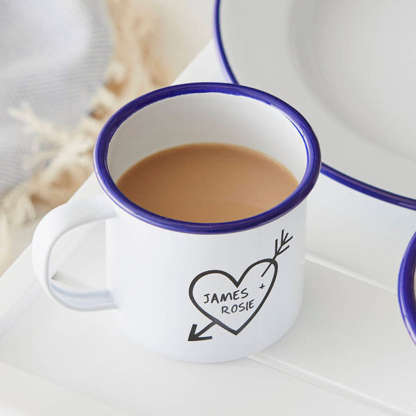 Couples Carved Heart Enamel Personalised Mug